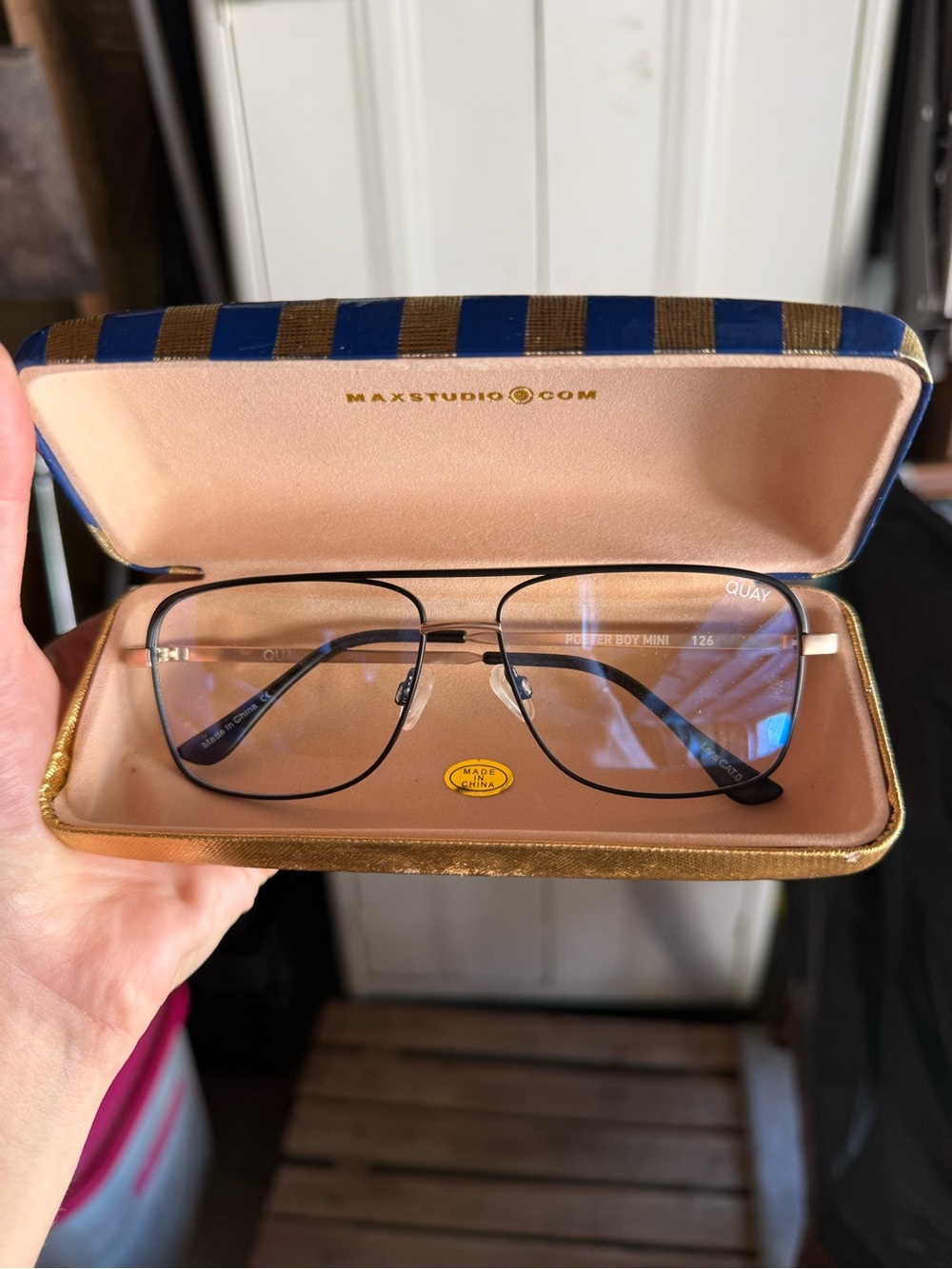 Quay Australia Black Metal Aviator Glasses with Clear Blue-Reflective Lenses